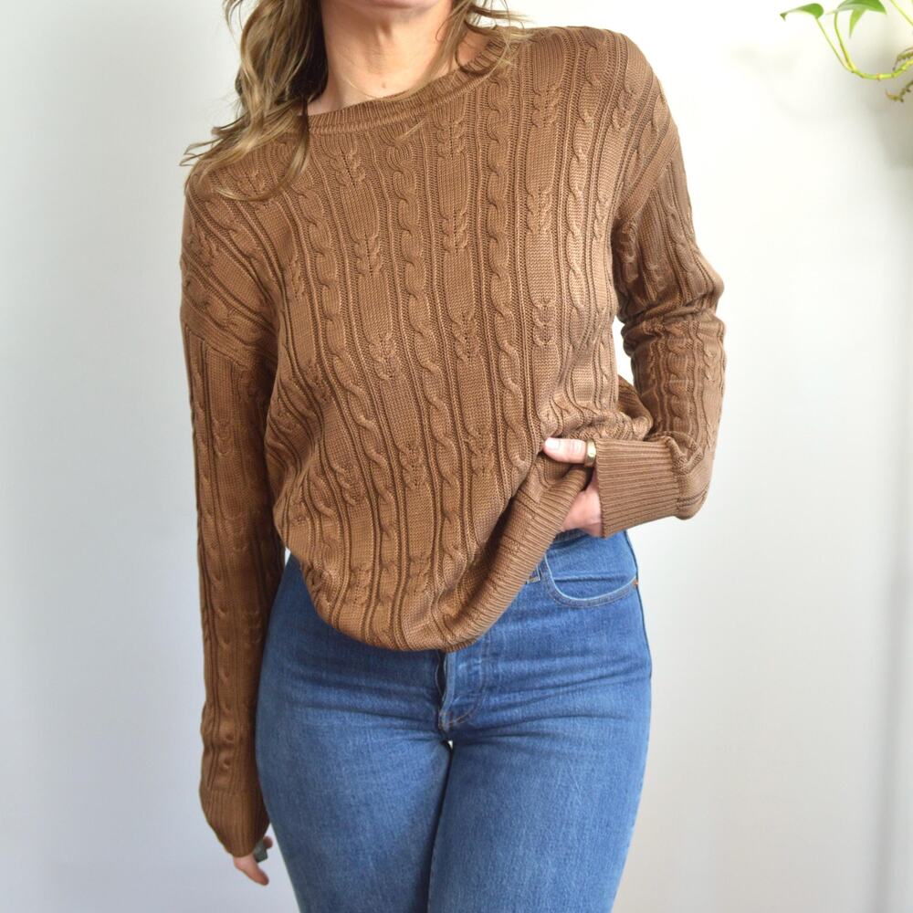 pure silk warm light brown cable knit crew neck sweater